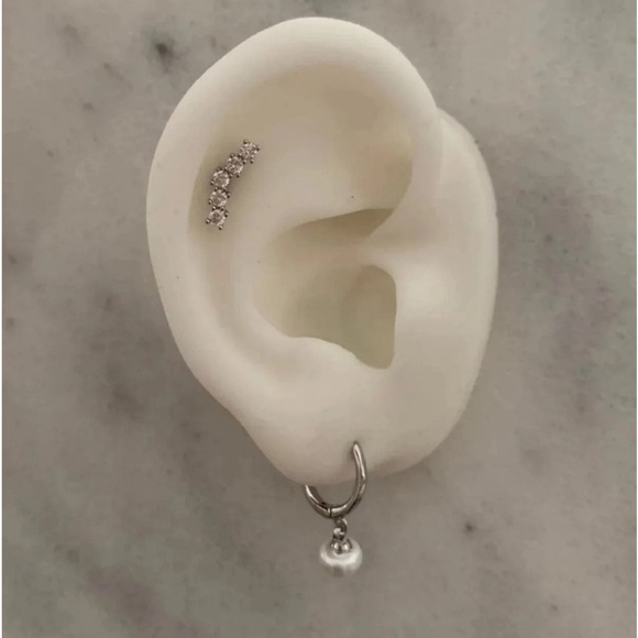 Elegant Silver Pearl Drop Earrings Huggies - Picture 3 of 4